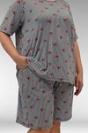 67805 Büyük Beden Desenli Şort-Tişört Pijama Takımı - Kırmızı Kurdele Desenli