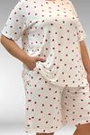 67805 Büyük Beden Desenli Şort-Tişört Pijama Takımı - Kırmızı Kalp Desenli