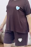 67807 Büyük Beden Baskılı Şort-Tişört Pijama Takımı - Kahve