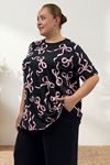 67809 Büyük Beden Üstü Desenli Kombinli Milan-Modal Pijama Takımı - Pembe Kurdele Desenli