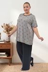 67809 Büyük Beden Üstü Desenli Kombinli Milan-Modal Pijama Takımı - Kırmızı Kurdele Desenli