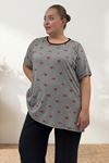 67809 Büyük Beden Üstü Desenli Kombinli Milan-Modal Pijama Takımı - Kırmızı Kurdele Desenli