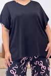67808 Büyük Beden Kombinli Modal -Milan Pijama Takımı - Pembe Kurdele Desenli