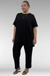58507 Büyük Beden Yakası Biyeli Penye Tişört - Siyah