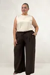 69012 Büyük Beden Beli Lastikli Cepli Bol Paça Double Tensel Pantolon - Kahve