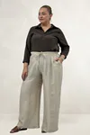 69012 Büyük Beden Beli Lastikli Cepli Bol Paça Double Tensel Pantolon - Bej