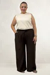 69012 Büyük Beden Beli Lastikli Cepli Bol Paça Double Tensel Pantolon - Kahve