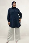 68067 Büyük Beden Kolları Lastikli Cupra Gömlek - Lacivert