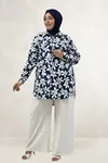 68094 Büyük Beden Manşetli Desenli Mango Tunik - Yaprak Desenli Lacivert