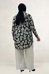 68094 Büyük Beden Manşetli Desenli Mango Tunik - Yaprak Desenli Siyah