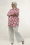 68094 Büyük Beden Manşetli Desenli Mango Tunik - Yaprak Desen Pembe