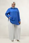 68088 Büyük Beden Yakası Aksesuar  Detaylı Double Liyosell Tunik- İndigo