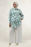 68094 Büyük Beden Manşetli Desenli Mango Tunik - Yaprak Desen Nefti