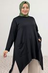 68086 Büyük Beden Eteği Oval Kesim Modal Tunik - Siyah