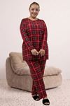 67810 Büyük Beden Uzunkol Desenli Süet Pantolonlu Pijama Takımı - Bordo Kare Desenli