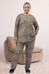 67810 Büyük Beden Uzunkol Desenli Süet Pantolonlu Pijama Takımı - Leopar