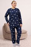 67810 Büyük Beden Uzunkol Desenli Süet Pantolonlu Pijama Takımı - Laci Penguen Desenli