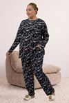 67810 Büyük Beden Uzunkol Desenli Süet Pantolonlu Pijama Takımı - Laci-Vizon Desenli